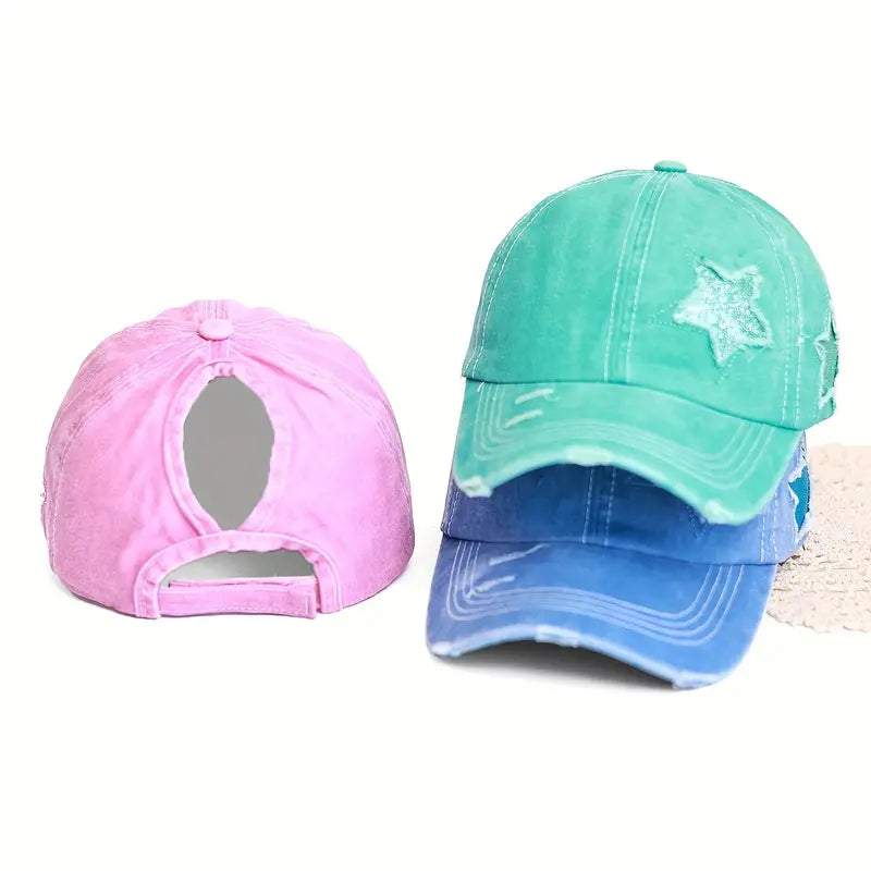 Womens Lightweight Ponytail Baseball Cap - Adjustable, Glitter Star, Distressed