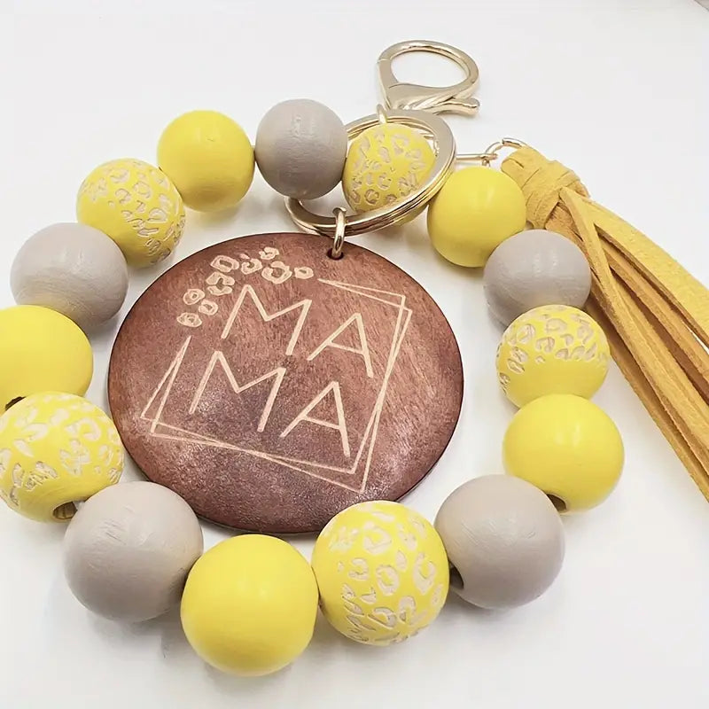 Handcrafted Boho Chic 'MAMA' Leopard Wooden Beads Bracelet & Keychain with Tassel