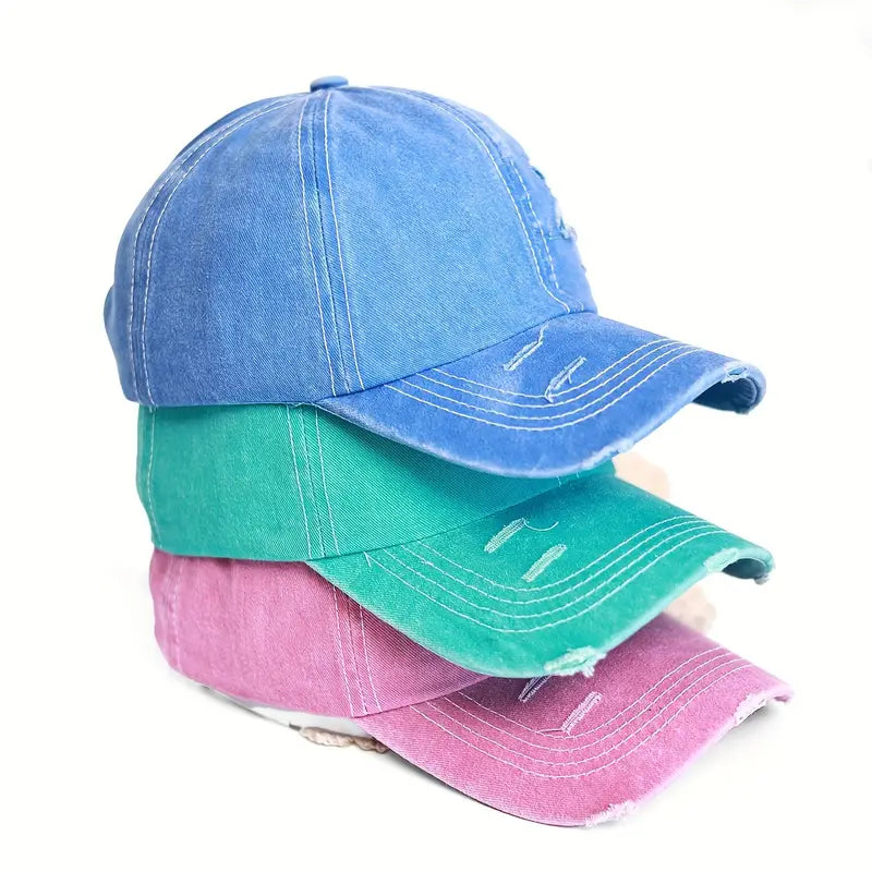 Womens Lightweight Ponytail Baseball Cap - Adjustable, Glitter Star, Distressed