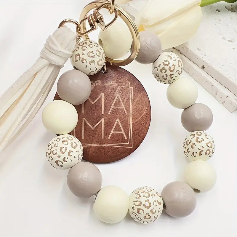 Handcrafted Boho Chic 'MAMA' Leopard Wooden Beads Bracelet & Keychain with Tassel