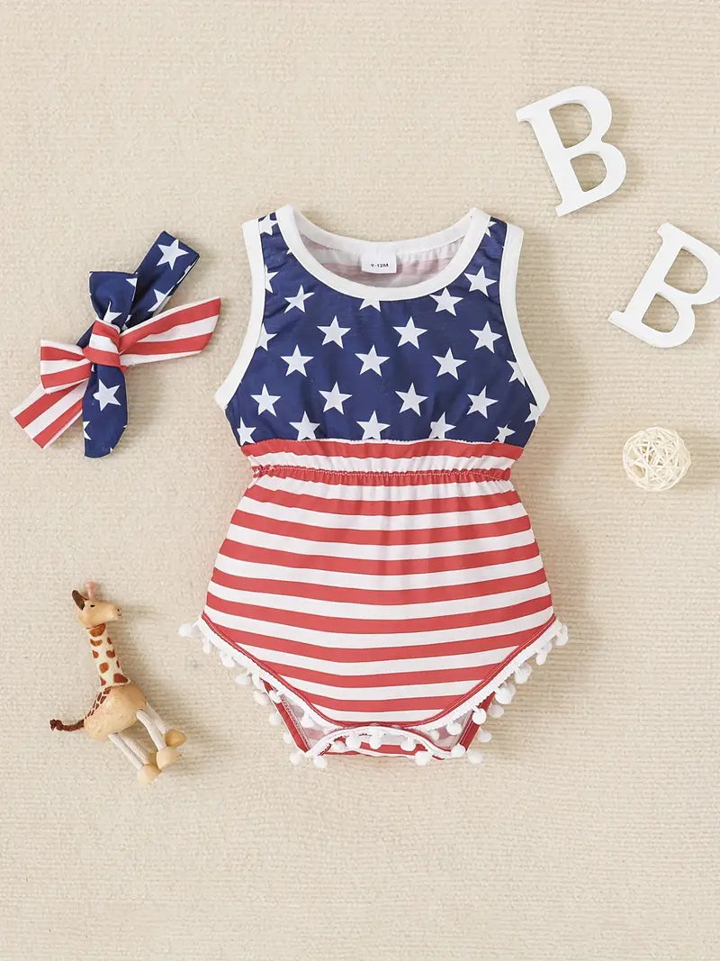 2pcs Baby Girls Casual Independence Day Striped Star Graphic Onsie